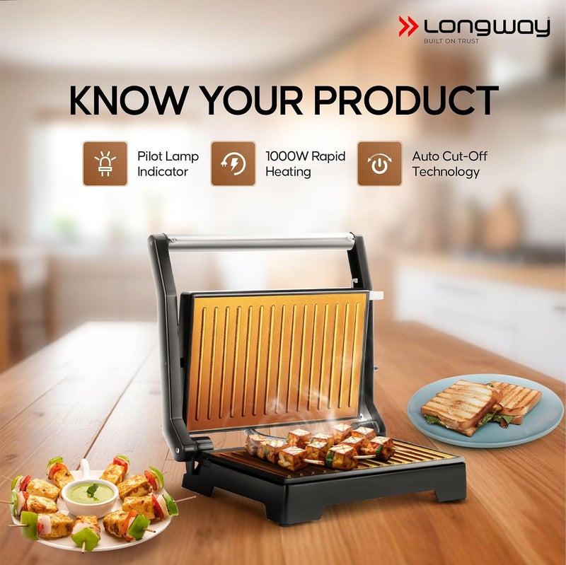Longway Crisp Master 1000 W Electric Panini Sandwich Maker Grill Toaster Nonstick Coating Cast Aluminum Plates Adjustable Height Control Floating Hinges Metallic Silver - Image 3