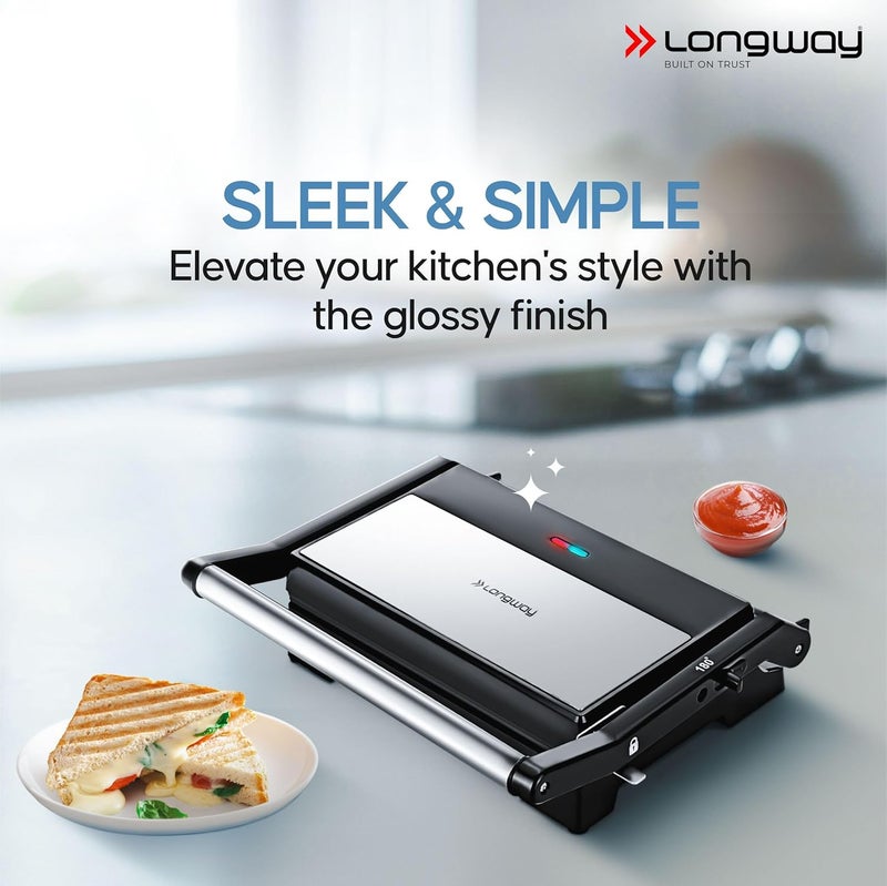 Longway Crisp Master 1000 W Electric Panini Sandwich Maker Grill Toaster Nonstick Coating Cast Aluminum Plates Adjustable Height Control Floating Hinges Metallic Silver - Image 5