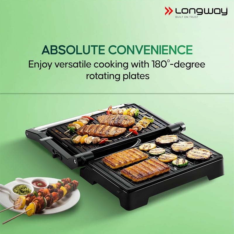 Longway Crisp Master 1000 W Electric Panini Sandwich Maker Grill Toaster Nonstick Coating Cast Aluminum Plates Adjustable Height Control Floating Hinges Metallic Silver - Image 4