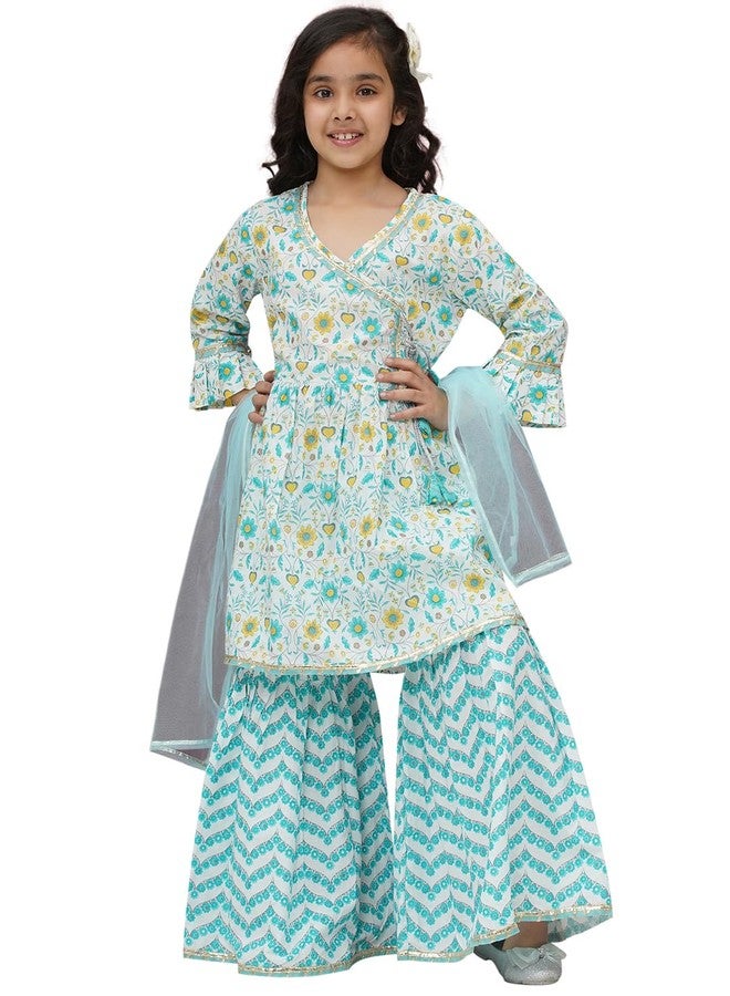 AJ DEZINES Girls Blue Sharara Kurta Set | Cotton 3/4 Sleeve Kurti Set | Ethnic Wear for Girls | Floral Print Sharara Suit | Stylish Salwar Suit Set for Girls for Festivals (G-1160-SKY-BLUE-9-10Y-32) - Image 1