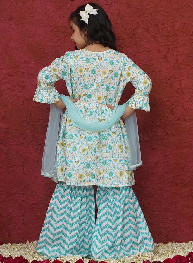 AJ DEZINES Girls Blue Sharara Kurta Set | Cotton 3/4 Sleeve Kurti Set | Ethnic Wear for Girls | Floral Print Sharara Suit | Stylish Salwar Suit Set for Girls for Festivals (G-1160-SKY-BLUE-9-10Y-32) - Image 3