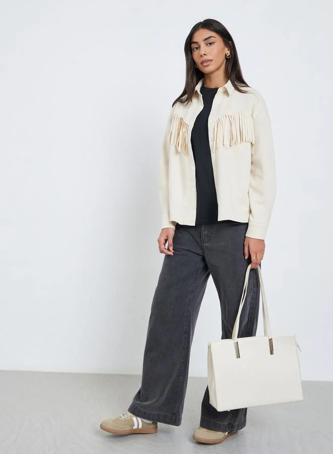 Styli Styli Cream Tassel Trim Suede Look Shirt