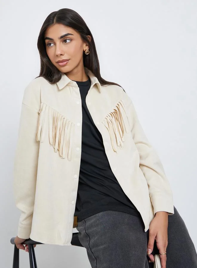 Styli Styli Cream Tassel Trim Suede Look Shirt