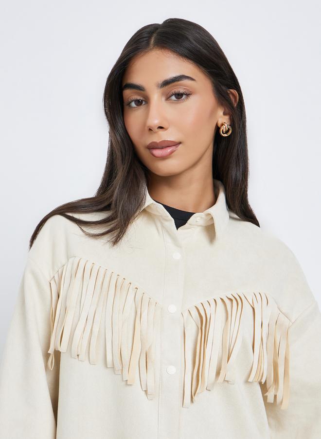Styli Cream Tassel Trim Suede Look Shirt - Image 4