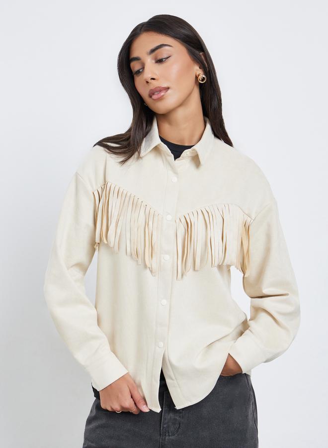 Styli Cream Tassel Trim Suede Look Shirt - Image 3