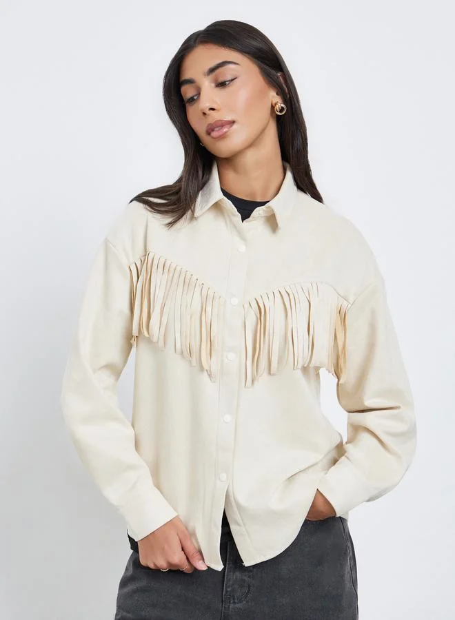 Styli Styli Cream Tassel Trim Suede Look Shirt