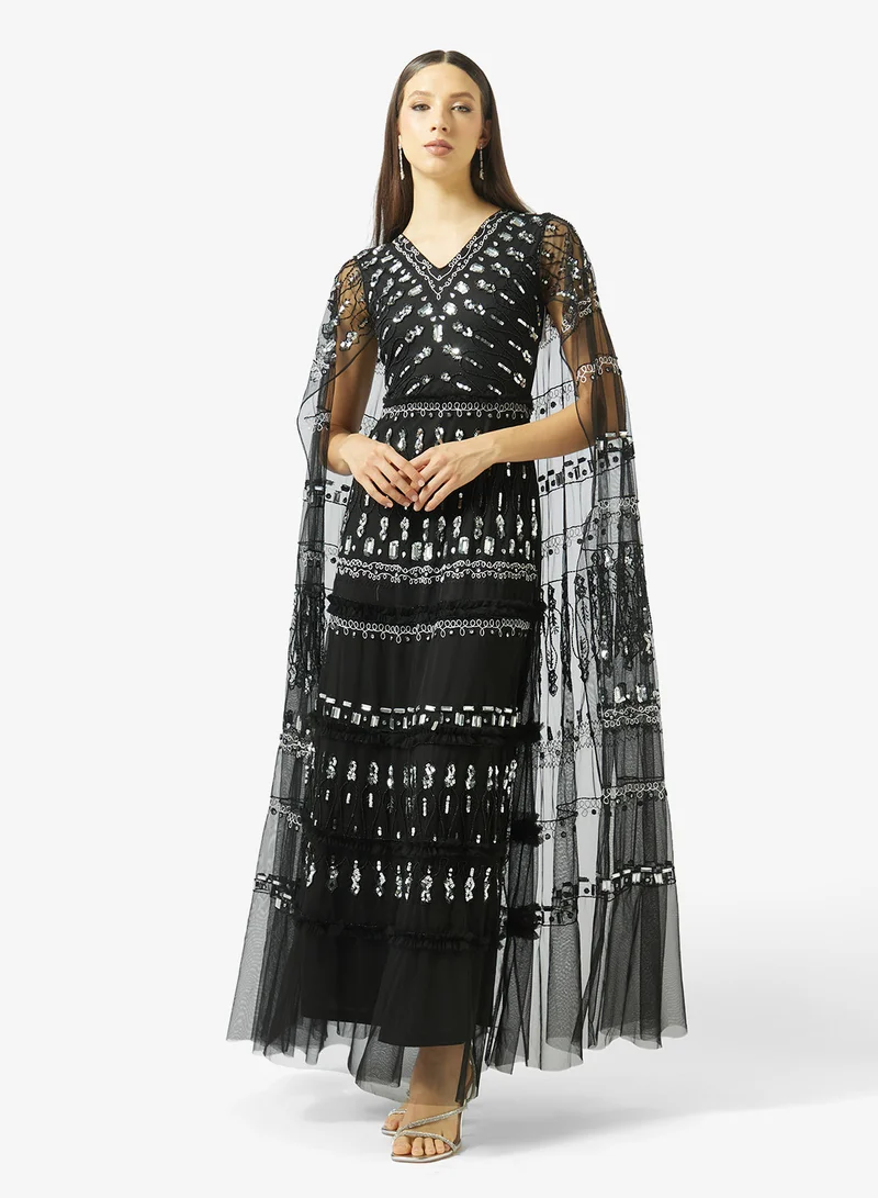 Amelia Rose V-Neck Cape Sleeve Maxi Dress