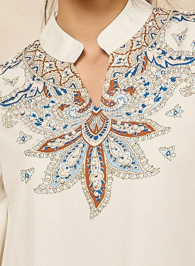 Styli Printed Stand Collar A-Line Jalabiya With Pearl Embellishment