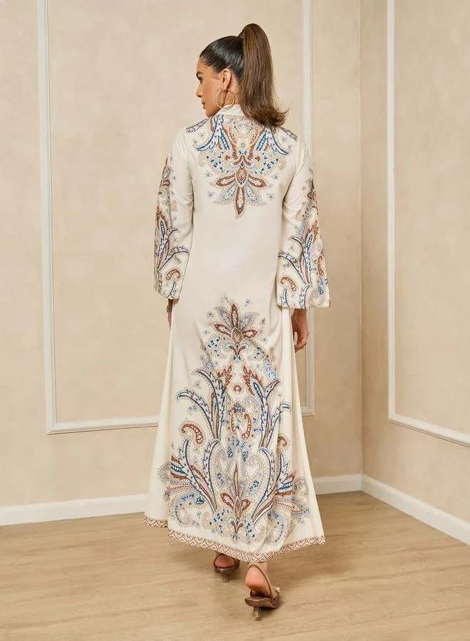 Styli Printed Stand Collar A-Line Jalabiya With Pearl Embellishment