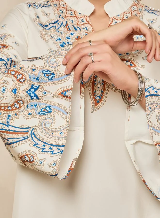 Styli Printed Stand Collar A-Line Jalabiya With Pearl Embellishment