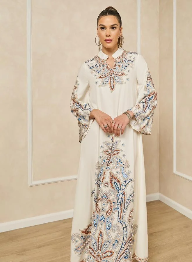 Styli Printed Stand Collar A-Line Jalabiya With Pearl Embellishment