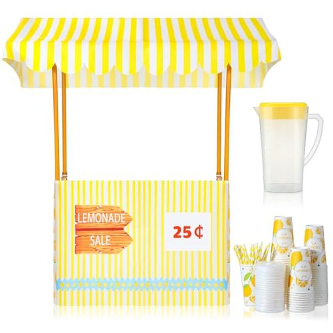 Jingmore 53 Sets Lemonade Stand Supplies Kit Include 47 x 51 Lemonade Stand Table Cover and 50 Pcs Disposable Cups Lids Straws Pitcher for Community charity Activities Party (Stand Included)(Lovely)