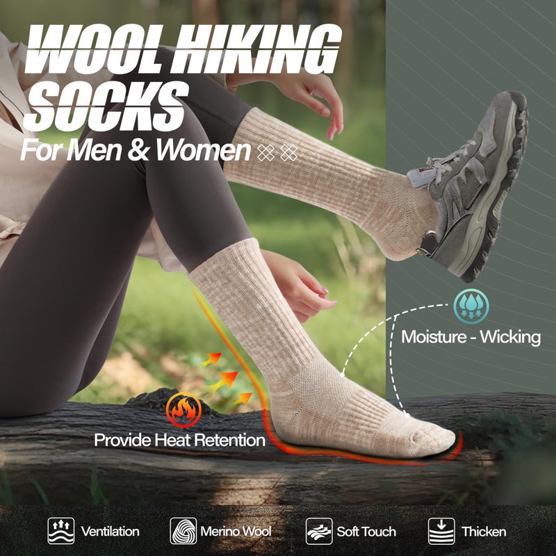 ANTSANG Merino Wool Hiking Socks for Men & Women Thermal Warm Winter Thick Cozy Crew Work Boot Gift Socks Stocking Stuffers 5 Pairs(Khaki Mixed,L) - Image 2