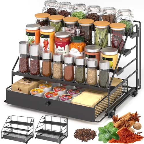DTUQYX Spice Rack Organizer for Cabinet: 4 Tier Adjustable Spice Rack Organization with Drawer, Depth Metal Shelf for Kitchen Countertop, Cupboard, Pantry, Holds Seasoning and Condiments (Black) - Image 1