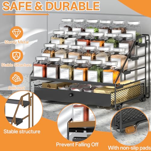DTUQYX Spice Rack Organizer for Cabinet: 4 Tier Adjustable Spice Rack Organization with Drawer, Depth Metal Shelf for Kitchen Countertop, Cupboard, Pantry, Holds Seasoning and Condiments (Black) - Image 4