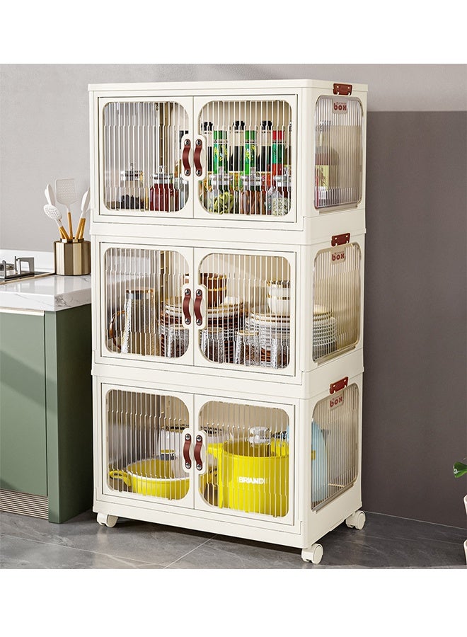 3-Tier Plastic Storage Cabinet with Double Doors, Compact Organizer Cupboard with Wheels for Home & Kitchen (53x32x88 cm) - Image 3