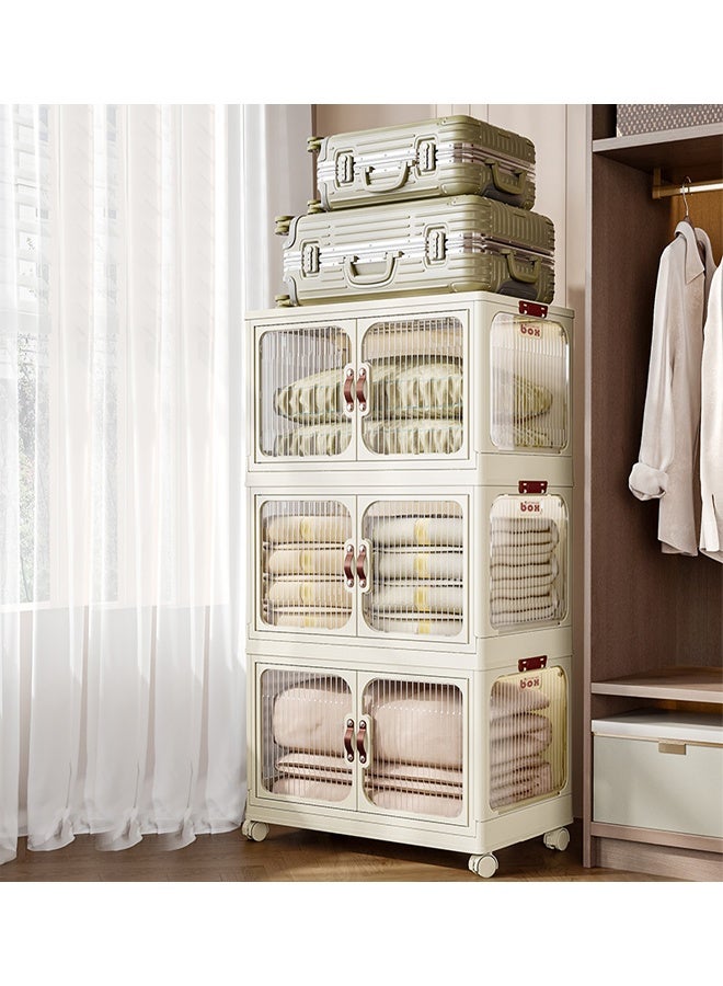 3-Tier Plastic Storage Cabinet with Double Doors, Compact Organizer Cupboard with Wheels for Home & Kitchen (53x32x88 cm) - Image 2