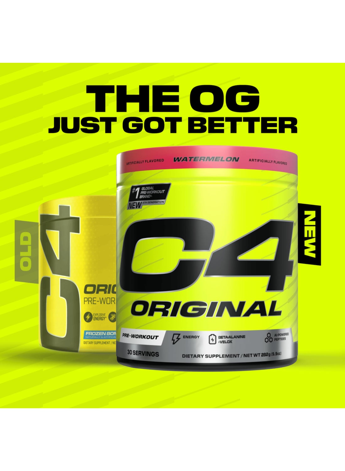 C4 Original Pre Workout Powder Energy Drink Supplement For Men And Women With Creatine, Caffeine, Nitric Oxide Booster, Citrulline And Beta Alanine Watermelon - 50 Servings - Packaging May Vary