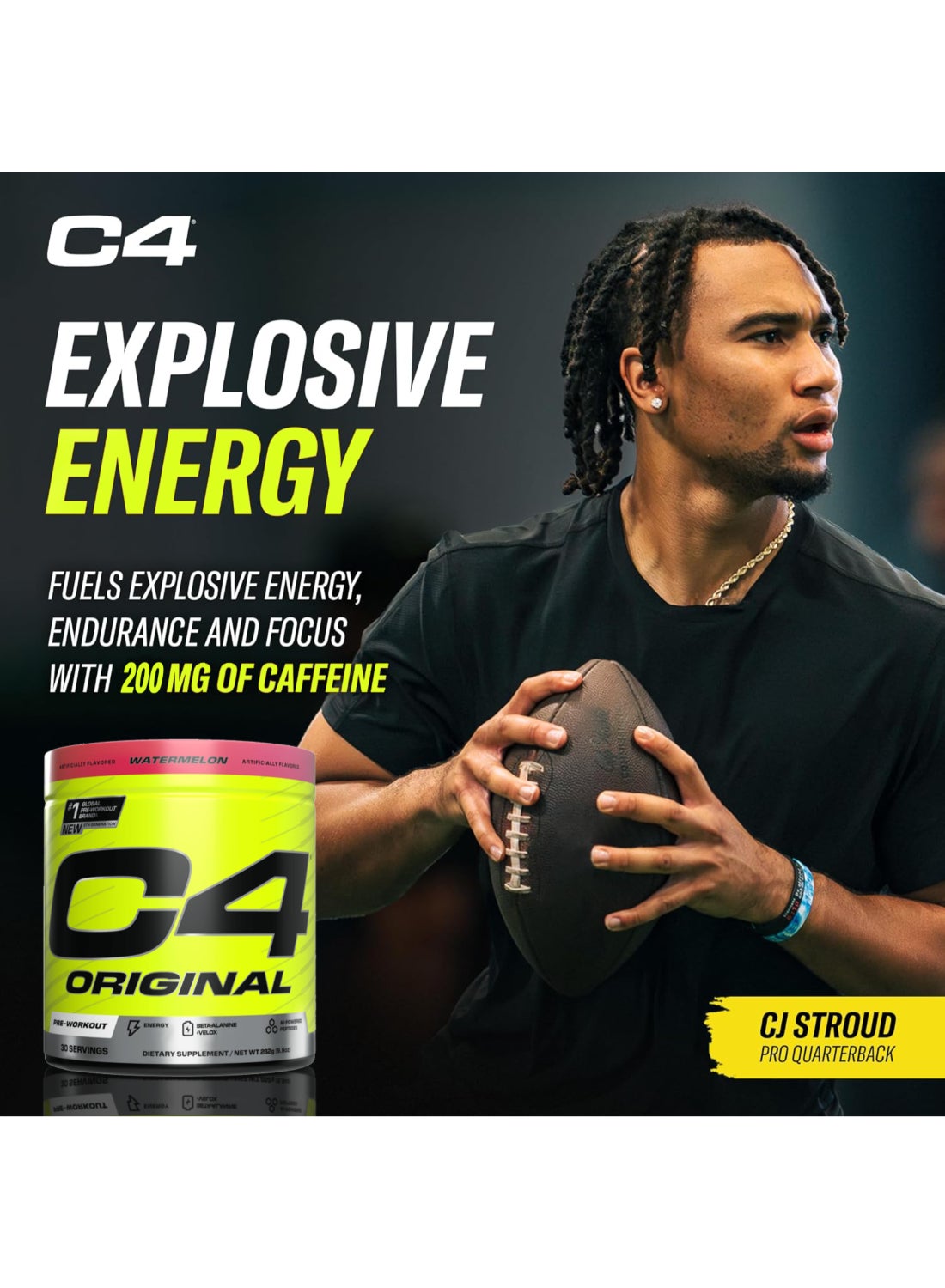 C4 Original Pre Workout Powder Energy Drink Supplement For Men And Women With Creatine, Caffeine, Nitric Oxide Booster, Citrulline And Beta Alanine Watermelon - 50 Servings - Packaging May Vary