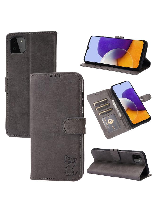 S-TOP Case For Samsung Galaxy A22 5G EU Version Embossed Happy Cat Pattern Horizontal Flip Leather Case with Holder & Card Slots & Wallet - Image 1