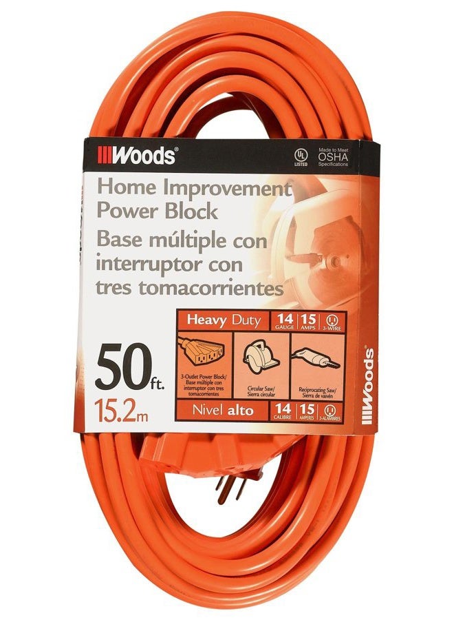 Woods 0826 14/3 Outdoor Multi-Outlet Extension Cord, 50-Foot, Orange - Image 1