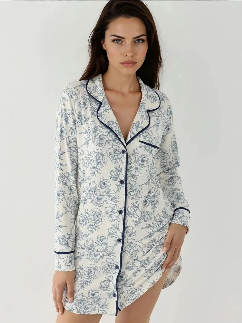 زوبعة فستان مريح بياقة قميص مطبوع