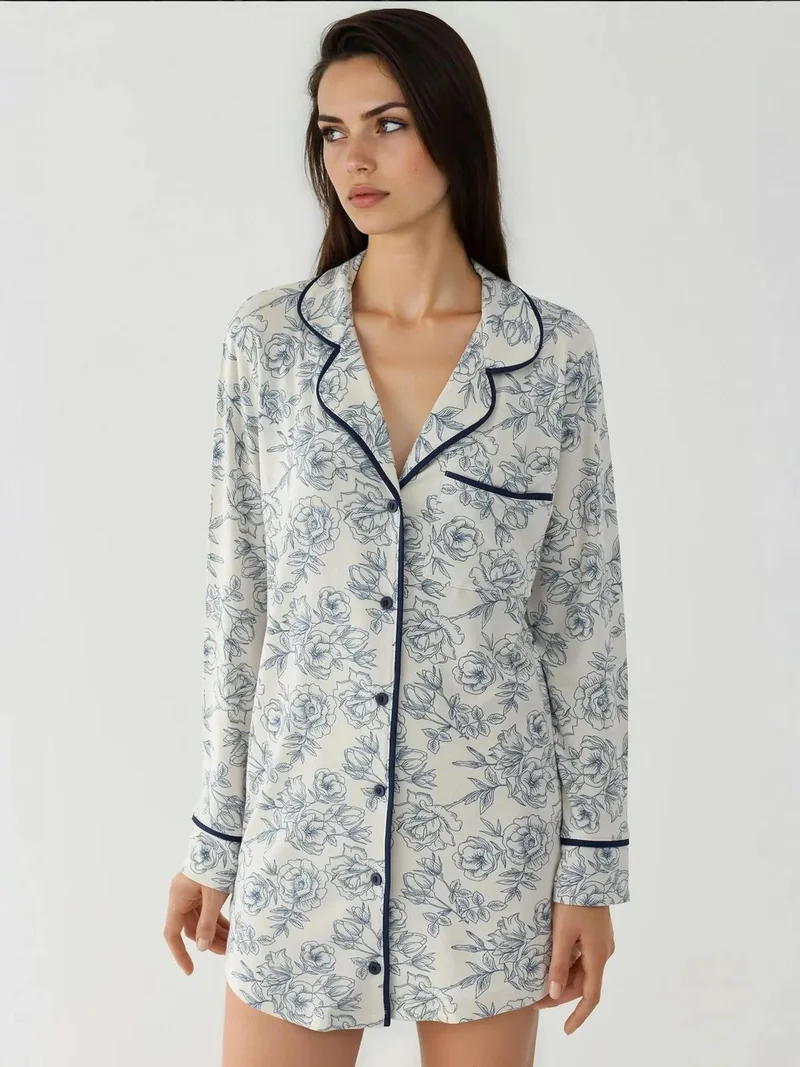 HICCUP Printed Mini Shirt Collar Relaxed Fit Lounge Dress