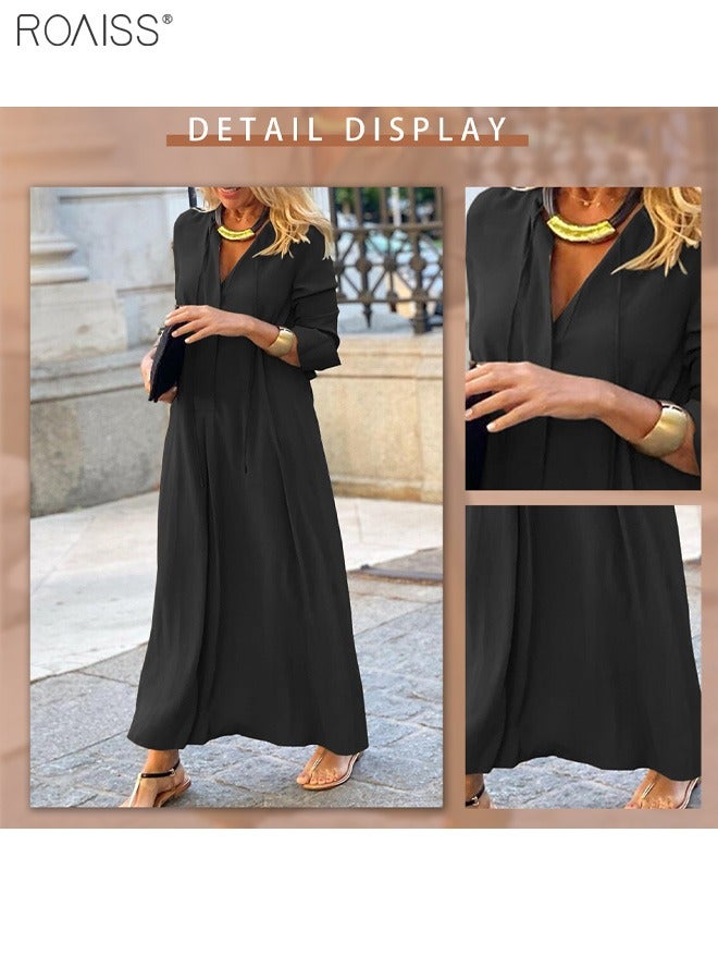 roaiss Women's Loose Casual Dress Solid Color Lapel Long Sleeve High-Rise Design Classic V Neck Ankle Length Shirt Dress for Ladies Elegant Temperament Casual Outfit  - Image 3