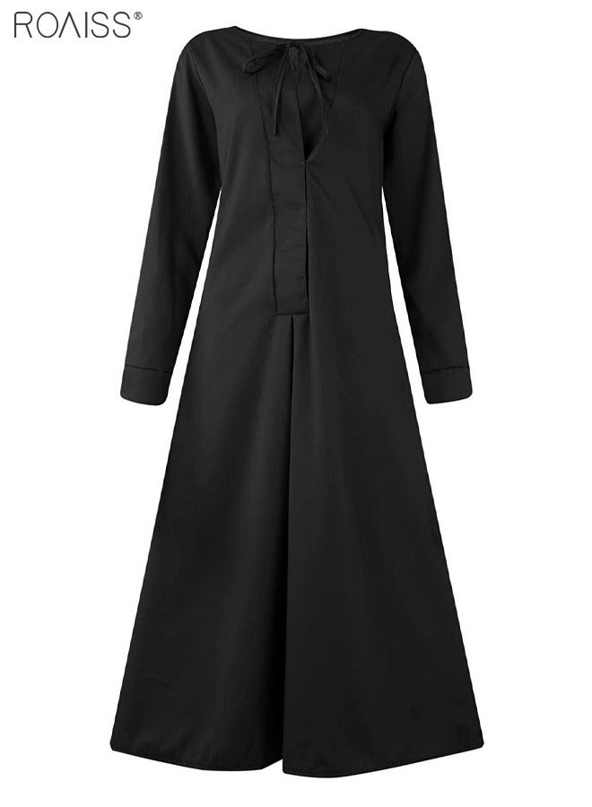 roaiss Women's Loose Casual Dress Solid Color Lapel Long Sleeve High-Rise Design Classic V Neck Ankle Length Shirt Dress for Ladies Elegant Temperament Casual Outfit  - Image 5