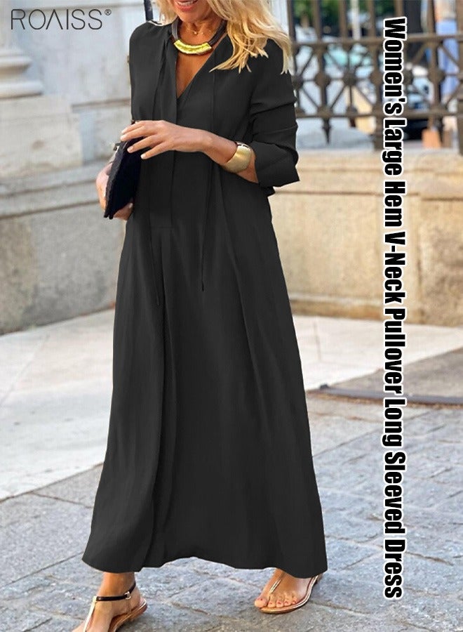 roaiss Women's Loose Casual Dress Solid Color Lapel Long Sleeve High-Rise Design Classic V Neck Ankle Length Shirt Dress for Ladies Elegant Temperament Casual Outfit  - Image 1