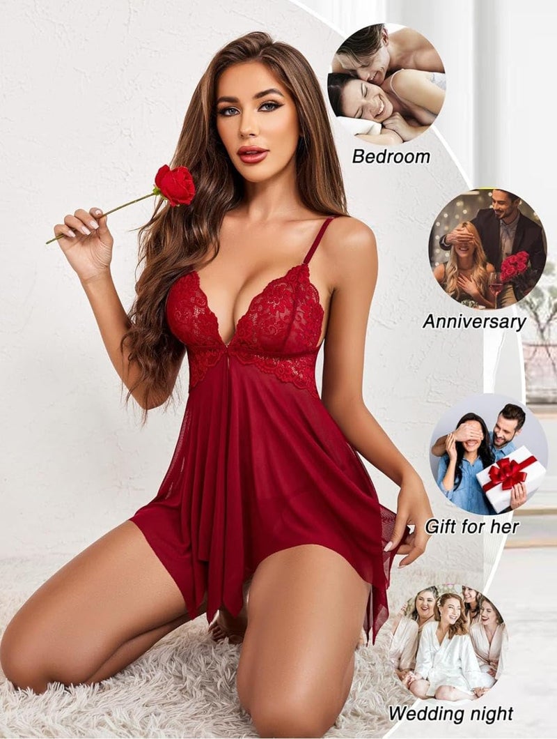 KAIDAA Women Lace Lingerie Set | Babydoll Nightwear with Panty | Sexy Lace Chemise for Women | Deep V Neck Bridal & Valentine Nightwear (Fits 26–40 Size)(Red) - Image 2
