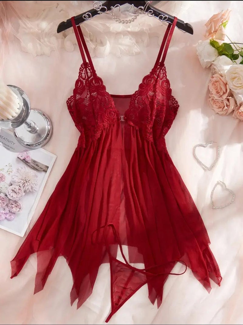 KAIDAA Women Lace Lingerie Set | Babydoll Nightwear with Panty | Sexy Lace Chemise for Women | Deep V Neck Bridal & Valentine Nightwear (Fits 26–40 Size)(Red) - Image 3