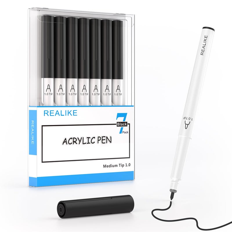 REALIKE Acrylic Paint Markers for Cricut Maker 4/ Maker 3/Maker/Explore 3/Air 2/Air, 7 Pack Black Acrylic Paint Pens for Rocks, Paper, Wood, Canvas, Glass, Ceramic, Fabric (1.0 Tip) - Image 1
