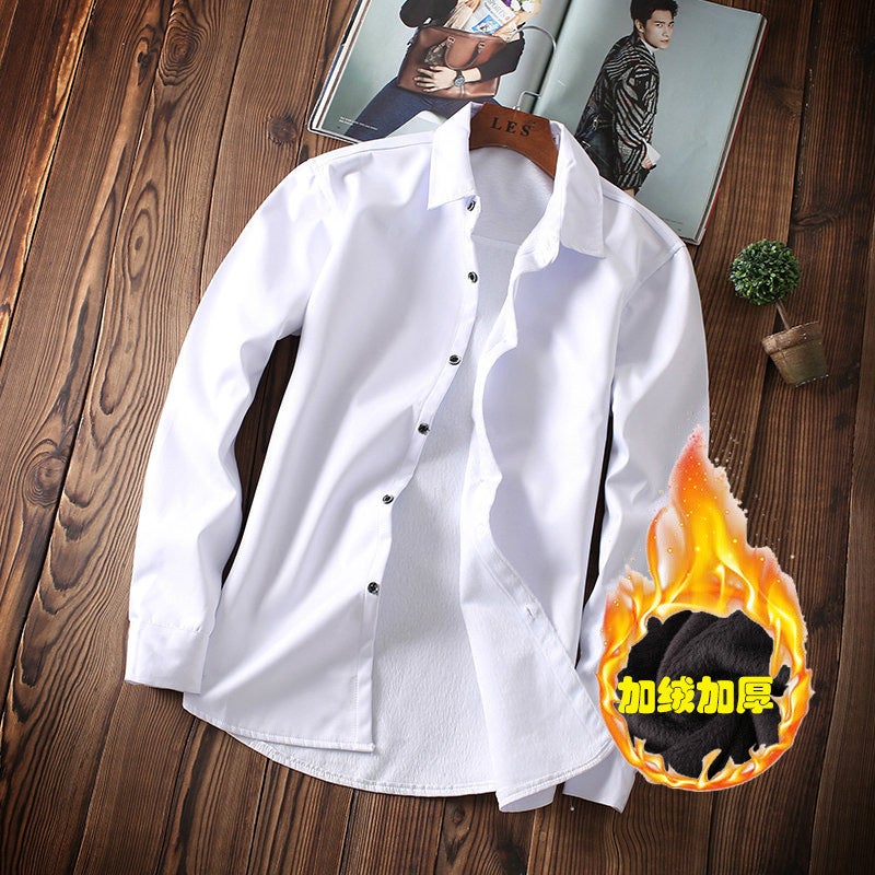 Winter Men'S Long-Sleeved Warm Fleece-Lined Shirt Men'S Thickened Slim-Fit Pure White Business Men'S Professional Shirt - Image 2