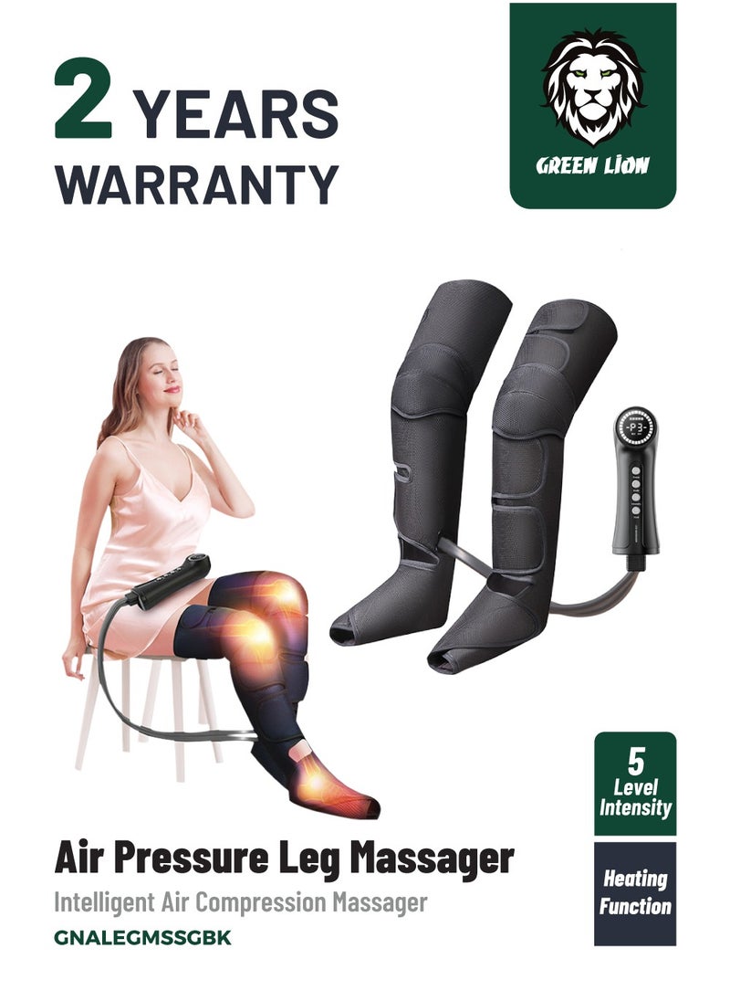 GREEN LION - Air Pressure Leg Massager / Calf/Arm/Leg/Knee/Thigh/Foot / Intelligent Air Compression Massager / 5 Level Intensity / Timing / Wrap Massaging / Adjust Intensity / Auto Cycle / Warm Heating - Black - Image 1