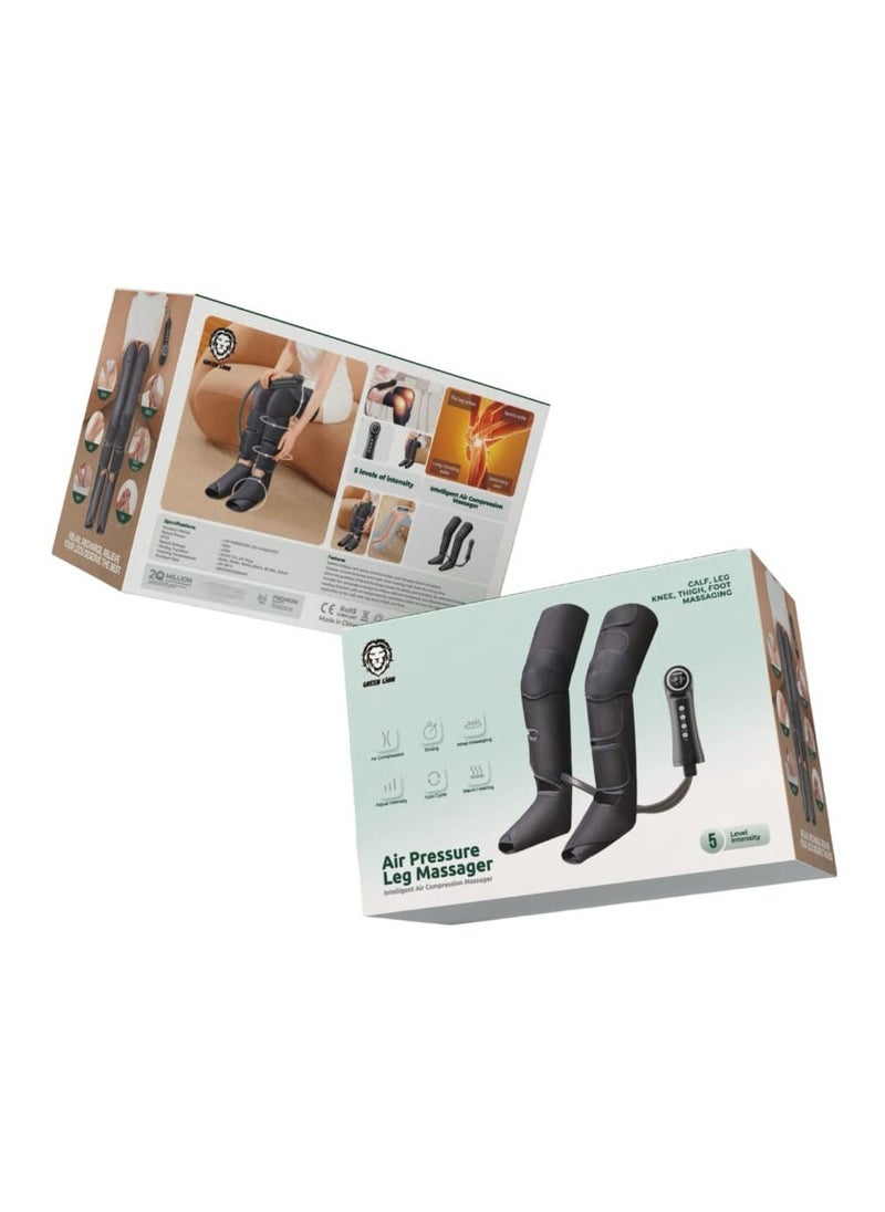 GREEN LION - Air Pressure Leg Massager / Calf/Arm/Leg/Knee/Thigh/Foot / Intelligent Air Compression Massager / 5 Level Intensity / Timing / Wrap Massaging / Adjust Intensity / Auto Cycle / Warm Heating - Black - Image 1