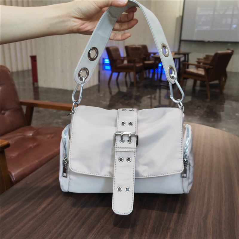 Oxford Cloth Small Square Bag Niche Personality Design Retro Double Buckle Bagel Bag Underarm Flip Cover Single Shoulder Underarm Bag beige white