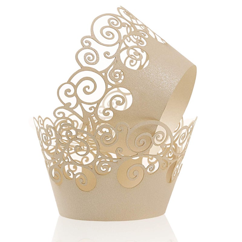 KPOSIYA Cupcake Wrappers KPOSIYA 100 Pack Cupcake Wraps Filigree Artistic Bake Cake Paper Cup Little Vine Laser Cut Liner Baking Cups Muffin Case Trays for Wedding Party Birthday Decoration 100 Beige 