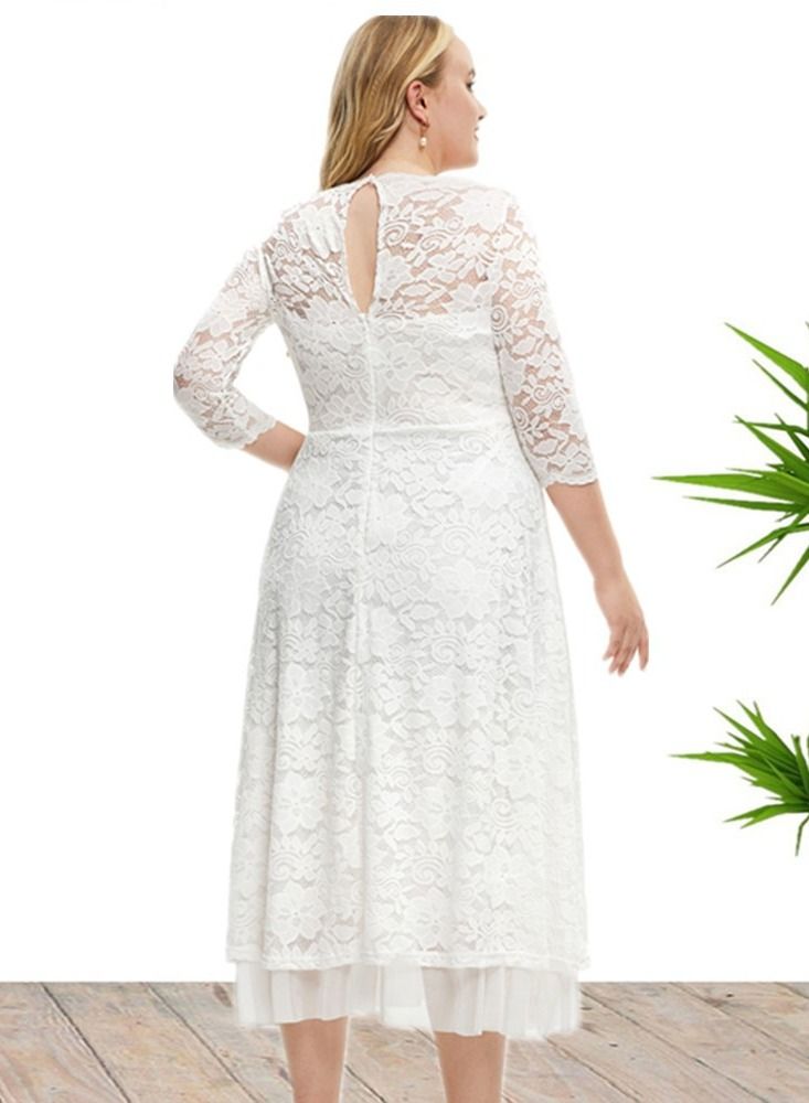 Loquat Plus-size Women's New Lace High-quality Dress White  - Image 3