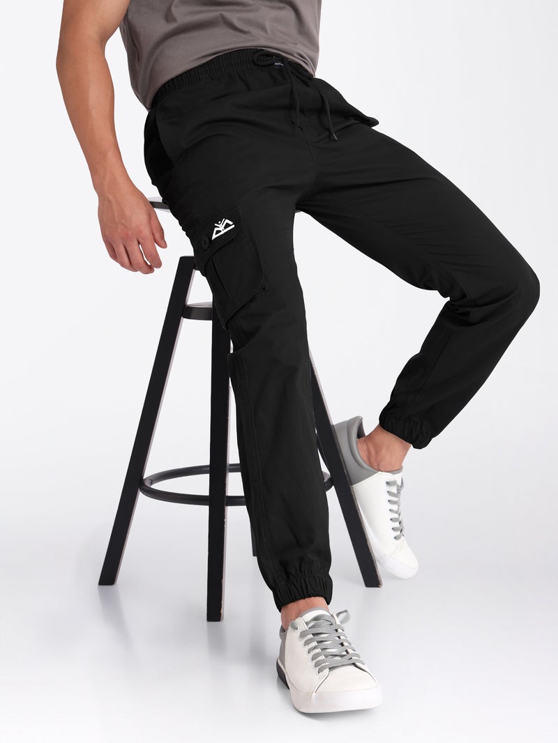 Beyoung Jet Black Cotton Cargo Joggers - Image 1