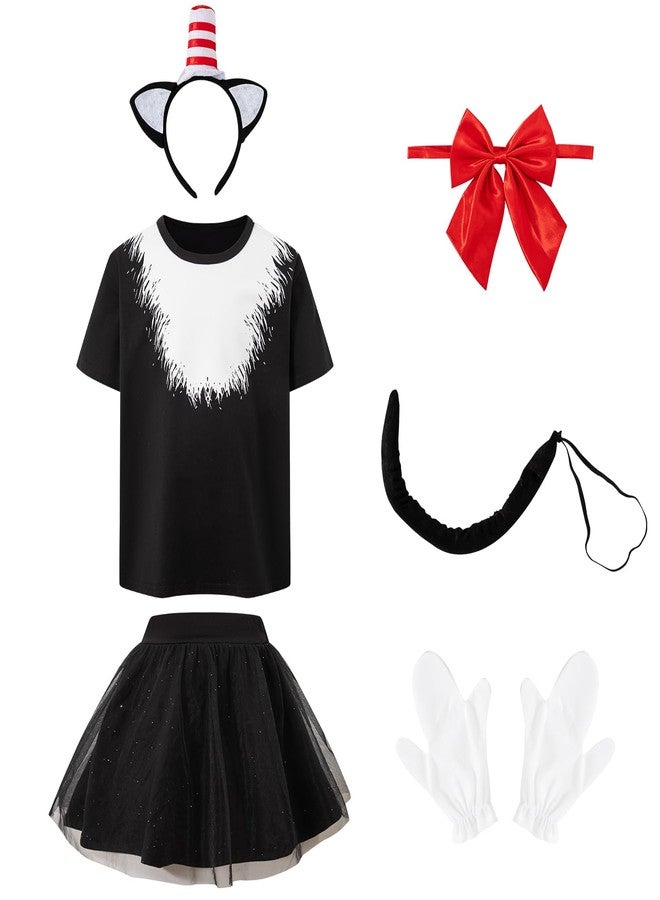 Okbebe The Cat Dress Up Hat for Kids Girls Read Book Day Tutu Skirt Outfit with Ear Bow Tail Gloves (Black 7-8Y) - Image 1