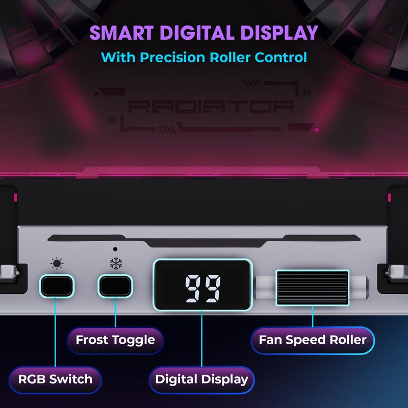 EvoFox Blizzard 2 Xtreme Laptop Cooling Pad | Dual Semiconductor Plates, 2x140 mm Fans, RGB Lighting, Digital Display & Roller Control, 5-Level Stand, USB Extender & Phone Holder-for 14”-17” Laptops - Image 4