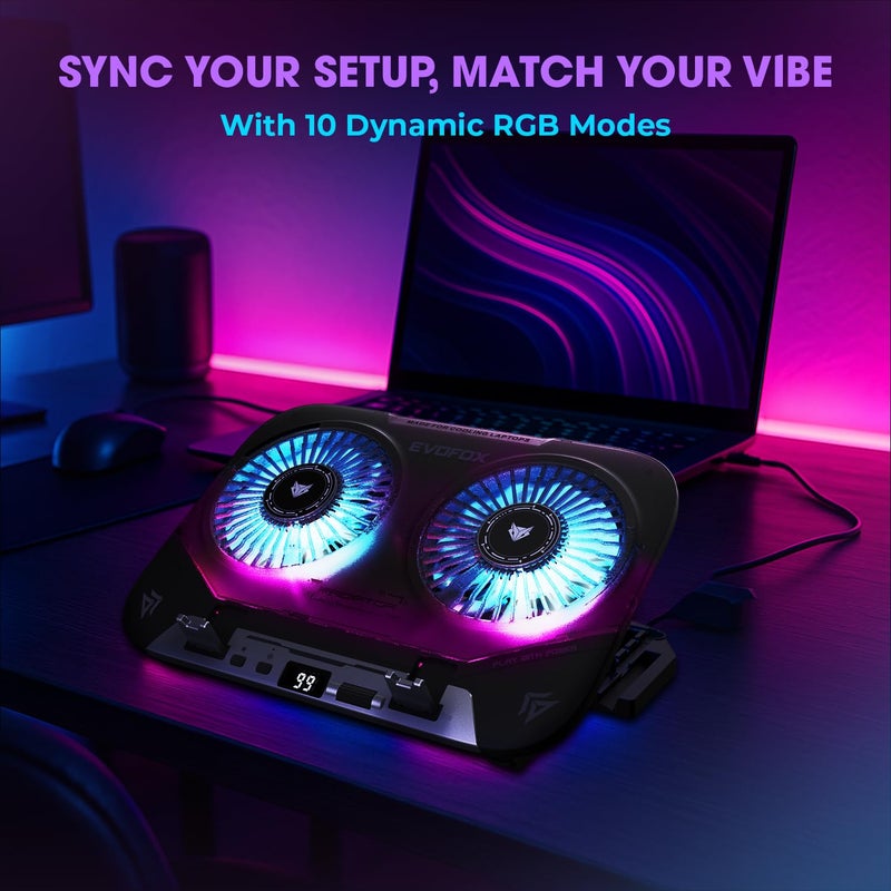 EvoFox Blizzard 2 Xtreme Laptop Cooling Pad | Dual Semiconductor Plates, 2x140 mm Fans, RGB Lighting, Digital Display & Roller Control, 5-Level Stand, USB Extender & Phone Holder-for 14”-17” Laptops - Image 5
