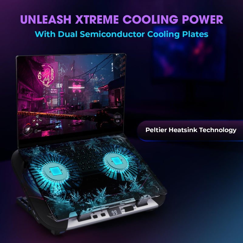 EvoFox Blizzard 2 Xtreme Laptop Cooling Pad | Dual Semiconductor Plates, 2x140 mm Fans, RGB Lighting, Digital Display & Roller Control, 5-Level Stand, USB Extender & Phone Holder-for 14”-17” Laptops - Image 2