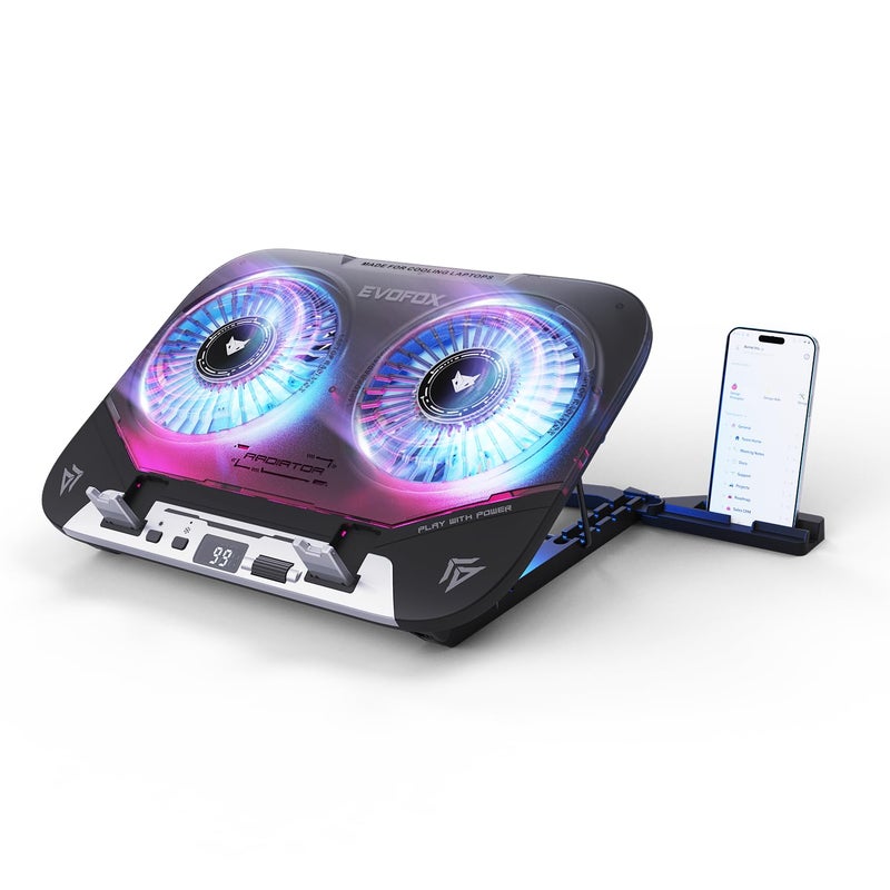 EvoFox Blizzard 2 Xtreme Laptop Cooling Pad | Dual Semiconductor Plates, 2x140 mm Fans, RGB Lighting, Digital Display & Roller Control, 5-Level Stand, USB Extender & Phone Holder-for 14”-17” Laptops - Image 1