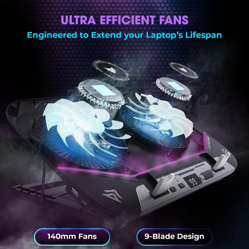 EvoFox Blizzard 2 Xtreme Laptop Cooling Pad | Dual Semiconductor Plates, 2x140 mm Fans, RGB Lighting, Digital Display & Roller Control, 5-Level Stand, USB Extender & Phone Holder-for 14”-17” Laptops - Image 3