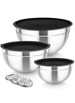 TeamFar TeamFar Mixing Bowls, Stainless Steel Nesting Salad Bowls with Lids Set of 3 & 3 Grater Attachments, For Mixing/Serving/Storing, Non-toxic & Long-lasting, Size 4.6/3 / 1.5 QT, Black  - Image 1