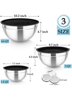 TeamFar TeamFar Mixing Bowls, Stainless Steel Nesting Salad Bowls with Lids Set of 3 & 3 Grater Attachments, For Mixing/Serving/Storing, Non-toxic & Long-lasting, Size 4.6/3 / 1.5 QT, Black  - Image 2