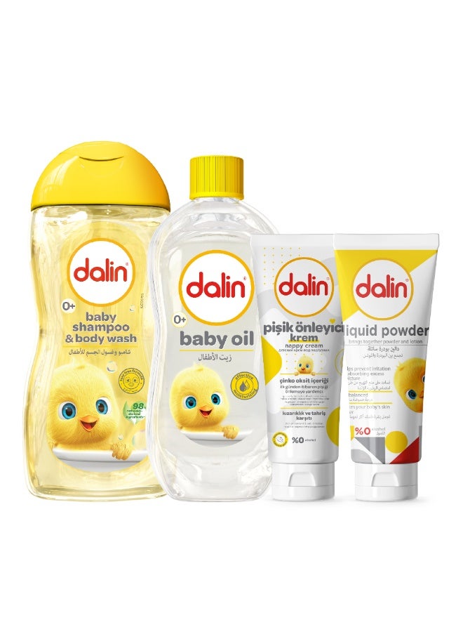 Dalin Baby Starter Essentials Pack (4 Items) – Baby Shampoo & Body Wash 200 ML, Baby Oil 200 ML, Liquid Powder 100 ML, Nappy Cream 100 ML | Gentle Daily Baby Care Set