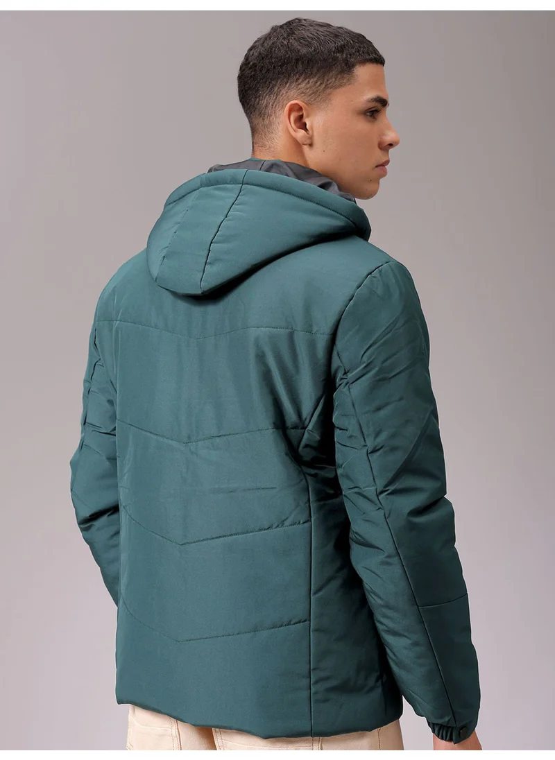 The Indian Garage Co Mens Malachite Slim Fit Quilted Hooded Zipper Placket Zipper Pocket Winter Jacket